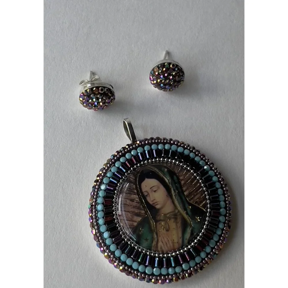 Handmade Virgin Mary Pendant Necklace & Matching Earrings Set With Colorful Bead - Picture 14 of 16